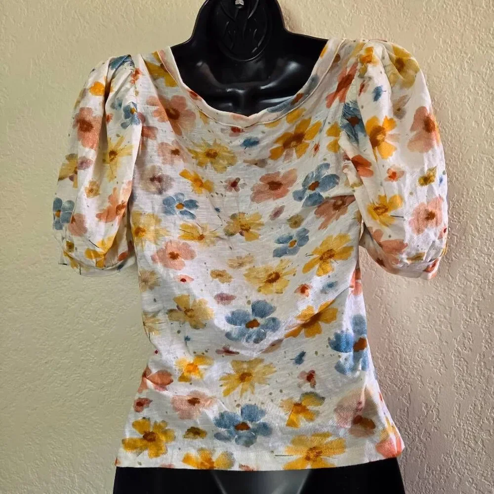 Anthropologie Floral Puff Sleeve Top